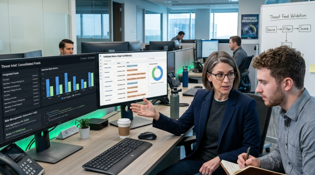 Two analysts collaborate in a modern SOC, validating critical high-confidence threat intelligence feeds and new IOC data. 