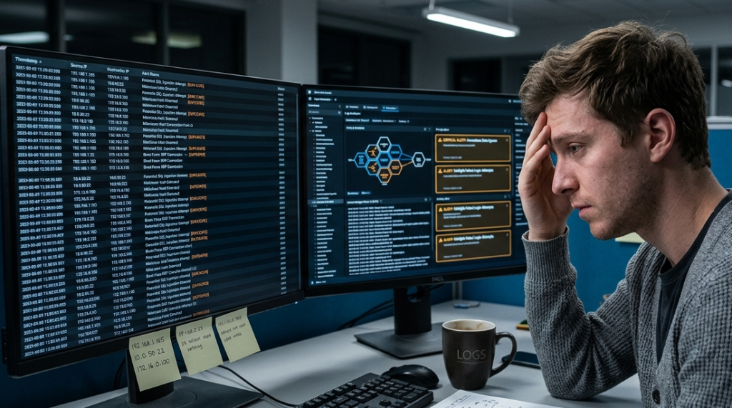 Close-up view of analyst monitors filled with dense security data and automated threat intelligence feeds identifying IOCs. types threat intelligence feeds indicators iocs