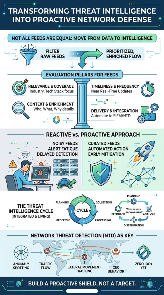 Visual workflow of integrated threat intelligence feeds, data enrichment, validation, and high-confidence IOC triage logic. 