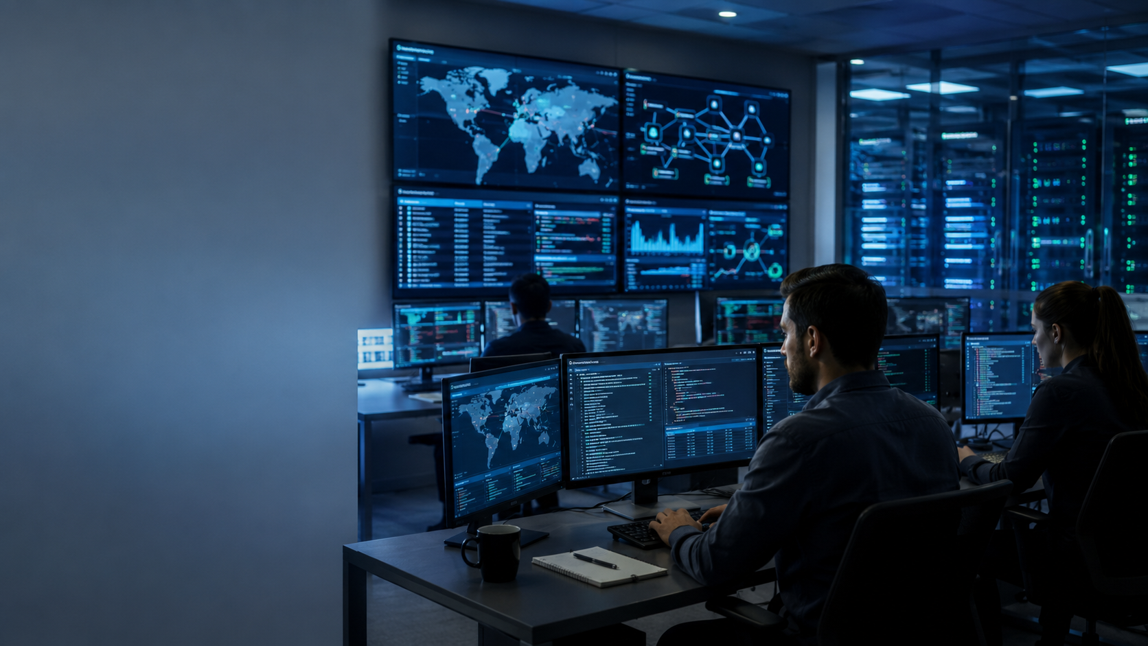 Analyst fatigued by many screens displaying threat intelligence feeds, focusing on countless Indicators of Compromise (IOCs). 