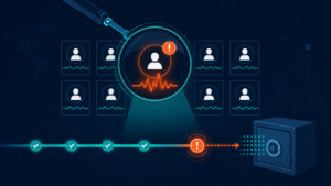 Vector graphic showing a security scan highlighting a rogue, spiky data anomaly among normal employee profiles. 