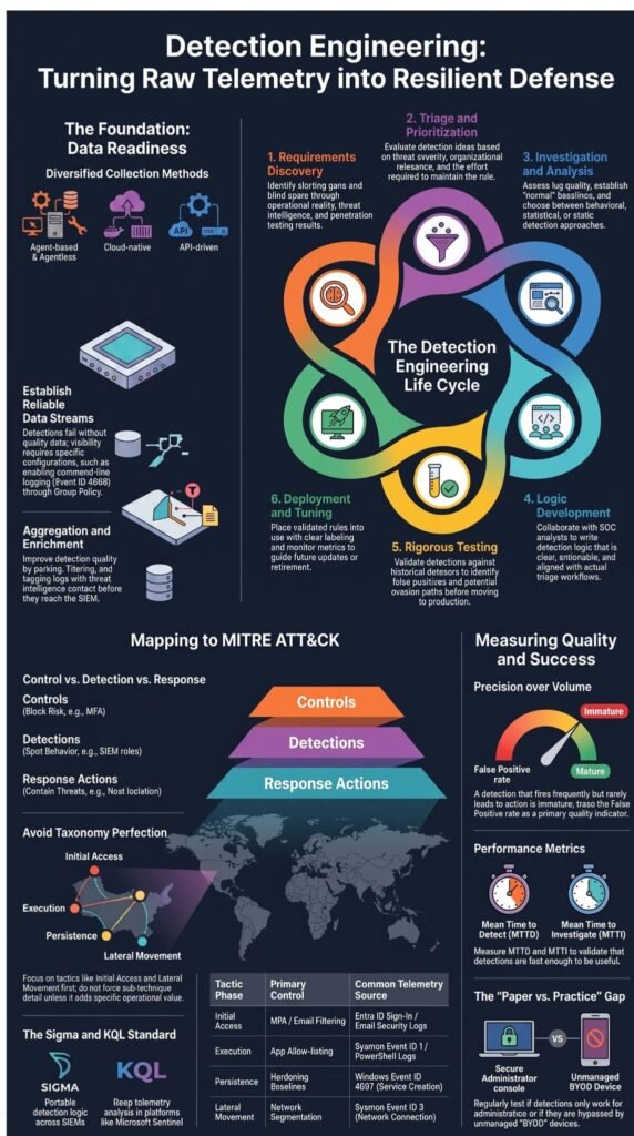 Infographic on mapping security controls att&ck framework across the detection engineering cycle.