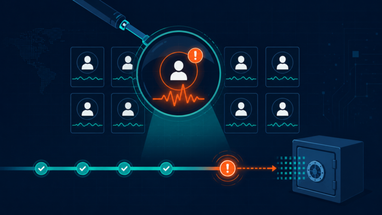 Vector graphic showing a security scan highlighting a rogue, spiky data anomaly among normal employee profiles.