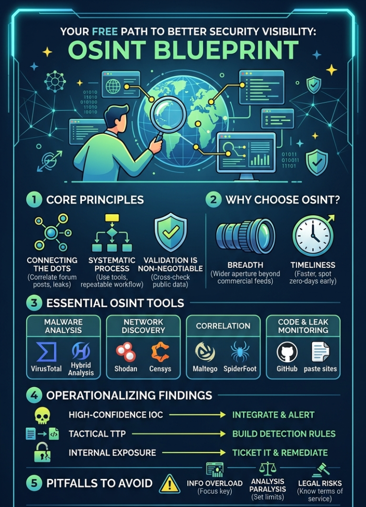 An infographic showing the step-by-step process of using open source threat intelligence (OSINT) for security.