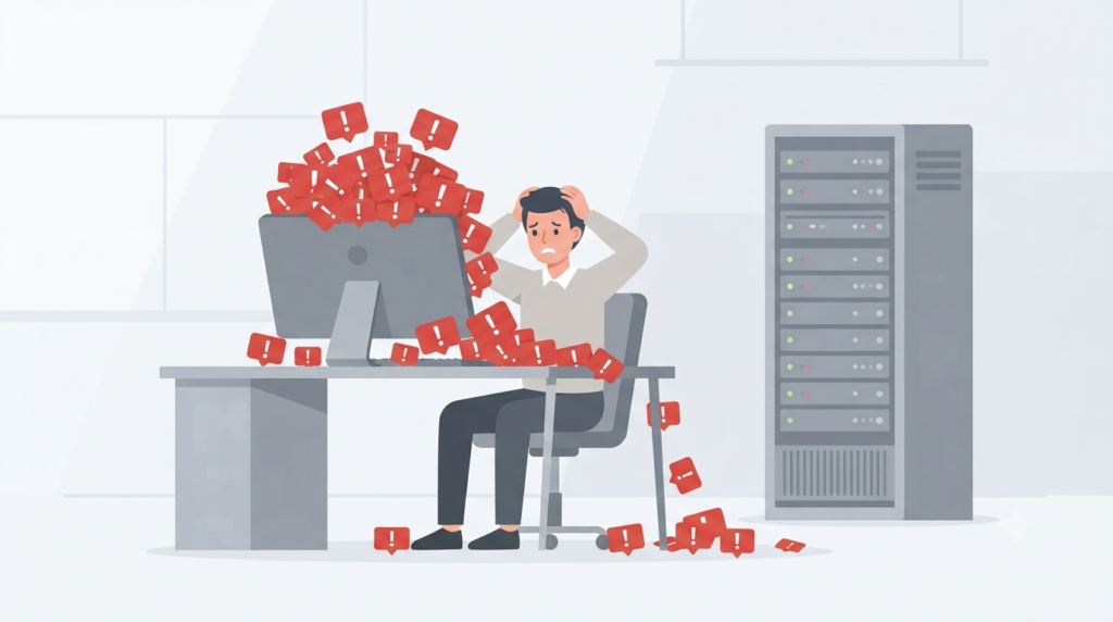Security analyst overwhelmed by alerts, showing the need for integrating TIP Threat Intelligence Platform with SIEM.
