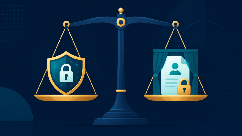 A balanced scale weighing a cybersecurity shield against an eye icon representing employee data privacy. 