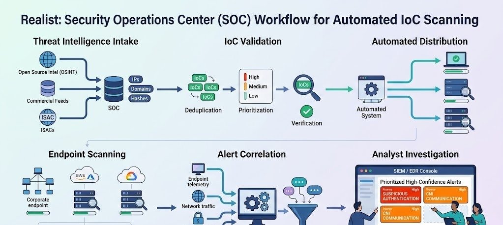 Supporting Image: Modern SOC workflow for automating IoC scanning network endpoints with alert correlation and analysis.