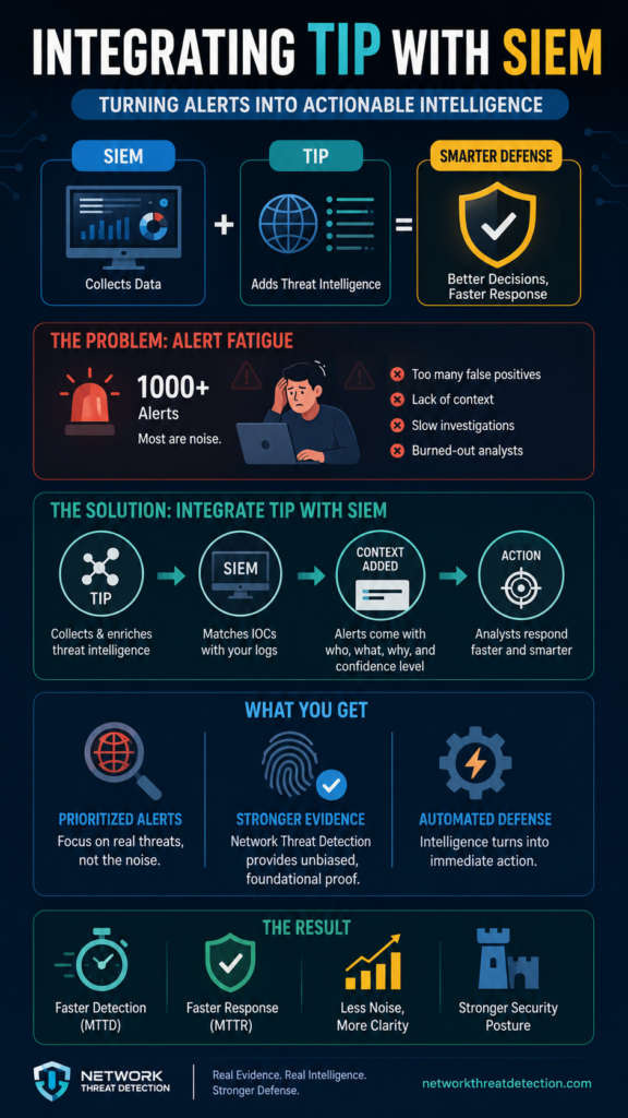 Infographic showing the workflow of integrating TIP Threat Intelligence Platform with SIEM for better threat data.