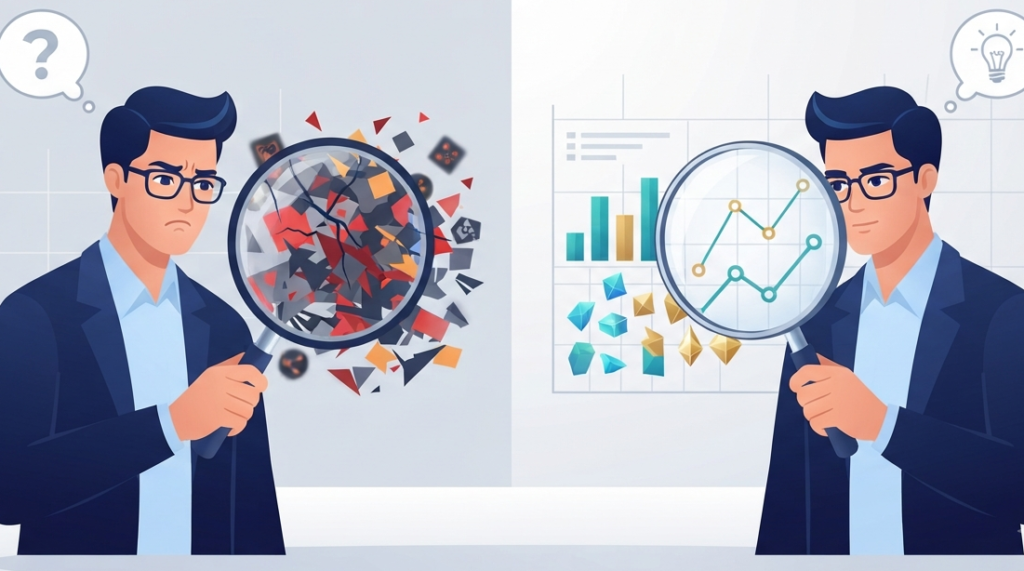 Analyst comparing distorted vs. clear data lenses, assessing threat intelligence feed quality relevance. 
