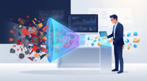 Cybersecurity analyst using a digital funnel for assessing threat intelligence feed quality relevance. 