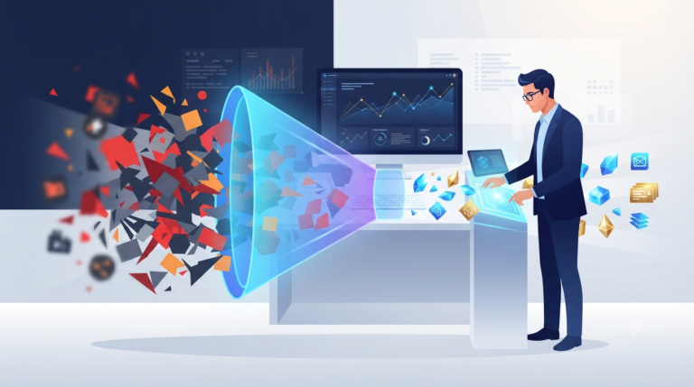 Cybersecurity analyst using a digital funnel for assessing threat intelligence feed quality relevance.
