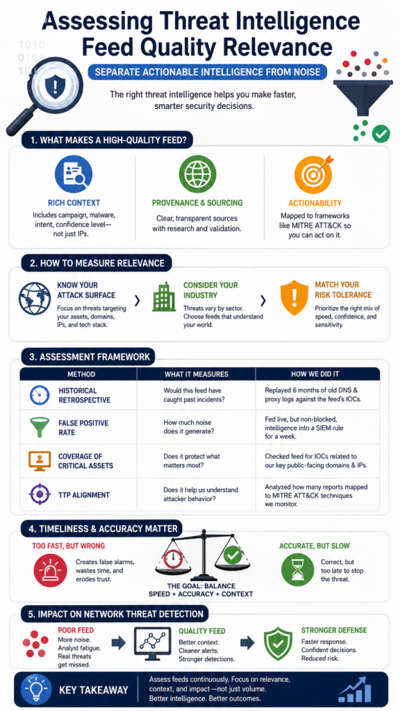 Infographic showing the workflow for assessing threat intelligence feed quality relevance and actionable data. 