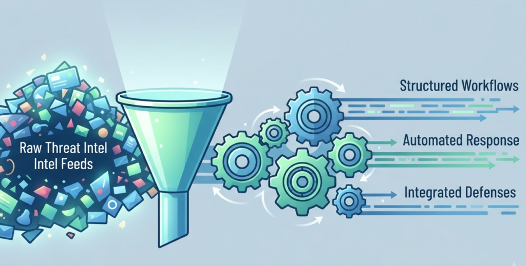 A robot struggling to pour raw data into a clogged funnel represents the challenges operationalizing threat intelligence.
