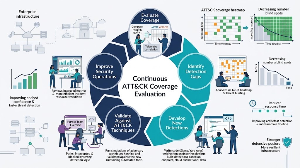 Security team evaluating security tool ATT&CK coverage to strengthen detection engineering and threat hunting. 