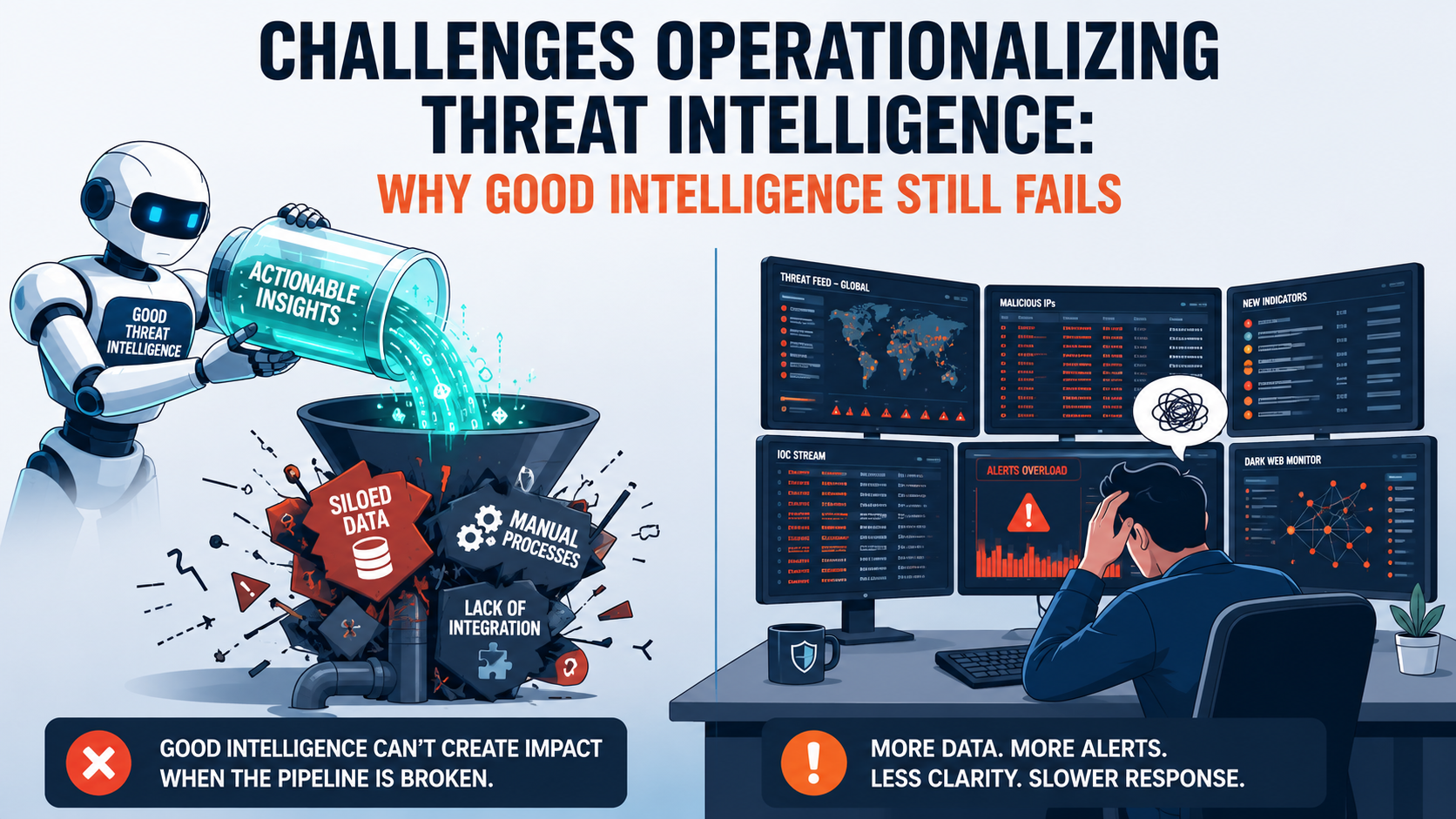 The challenges operationalizing threat intelligence often include siloed data, manual processes, and integration issues. 