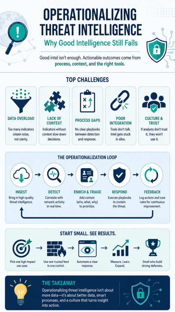 A funnel visualizing challenges operationalizing threat intelligence by processing raw data into automated defenses.
