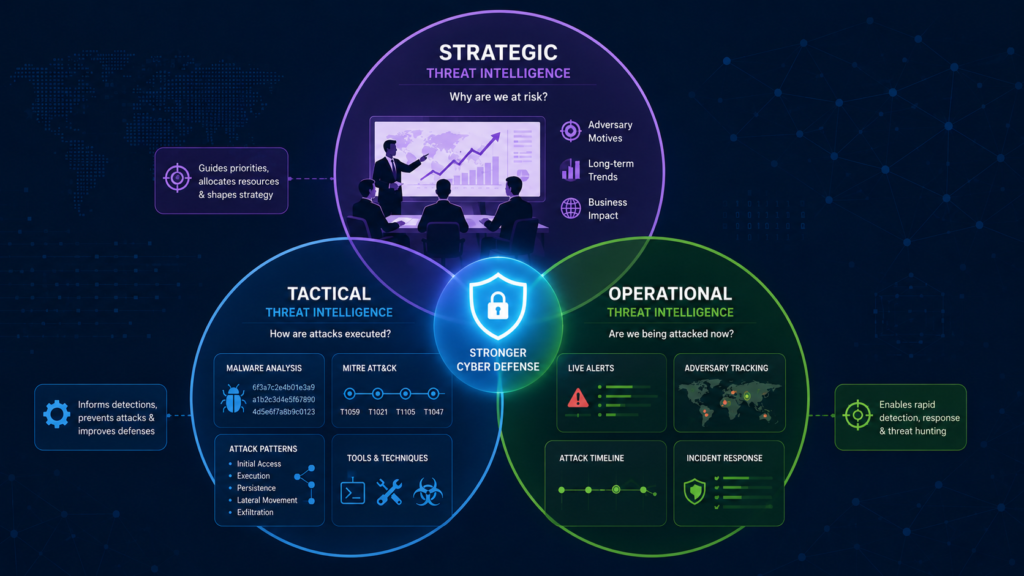 Strategic tactical operational threat intelligence diagram explaining executive, analyst, and threat hunter roles. 