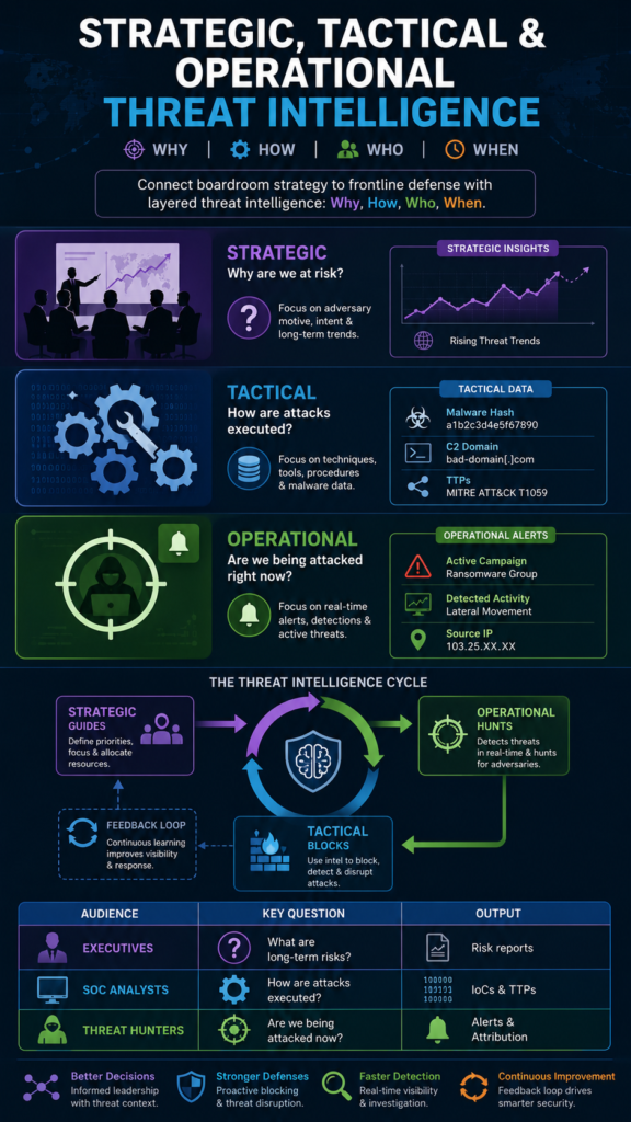 Infographic: Strategic tactical operational threat intelligence infographic showing the three intelligence layers and workflow. 