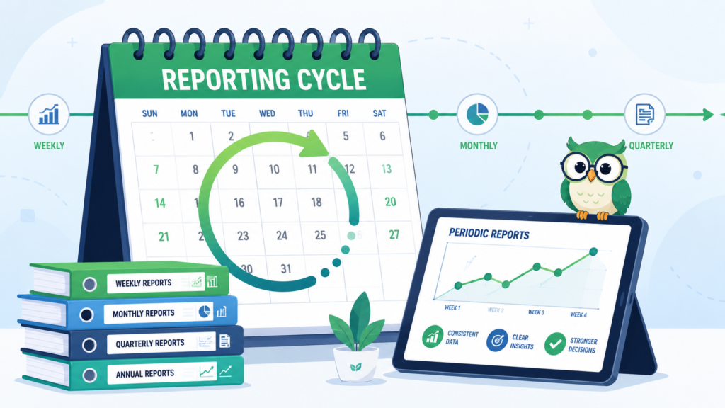 A calendar and report folders illustrating the cycle of measuring roi threat intelligence program.