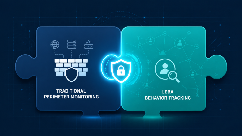 Two puzzle pieces locking together, integrating UEBA vs traditional security monitoring systems.