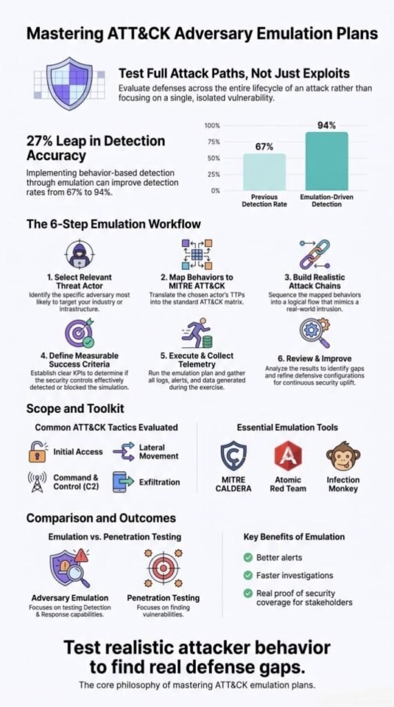 Infographic illustrating the workflow and benefits of att&ck adversary emulation plans for threat detection