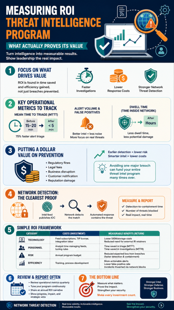 Infographic showing steps for measuring roi threat intelligence program, from data collection to business value.