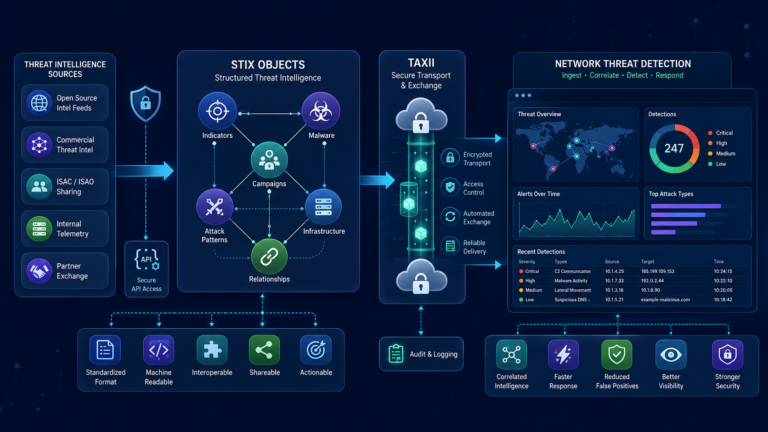 STIX TAXII standards threat intel sharing workflow connecting security tools for automated cyber threat exchange.