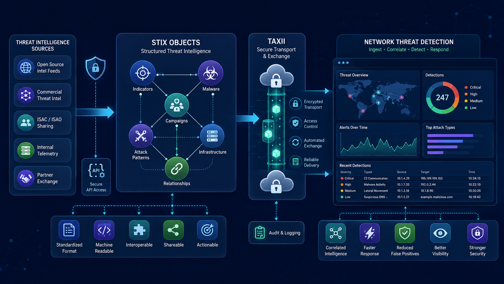 STIX TAXII standards threat intel sharing workflow connecting security tools for automated cyber threat exchange.