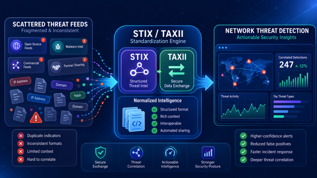 SOC dashboard visualizing STIX TAXII standards threat intel sharing with automated indicator synchronization.