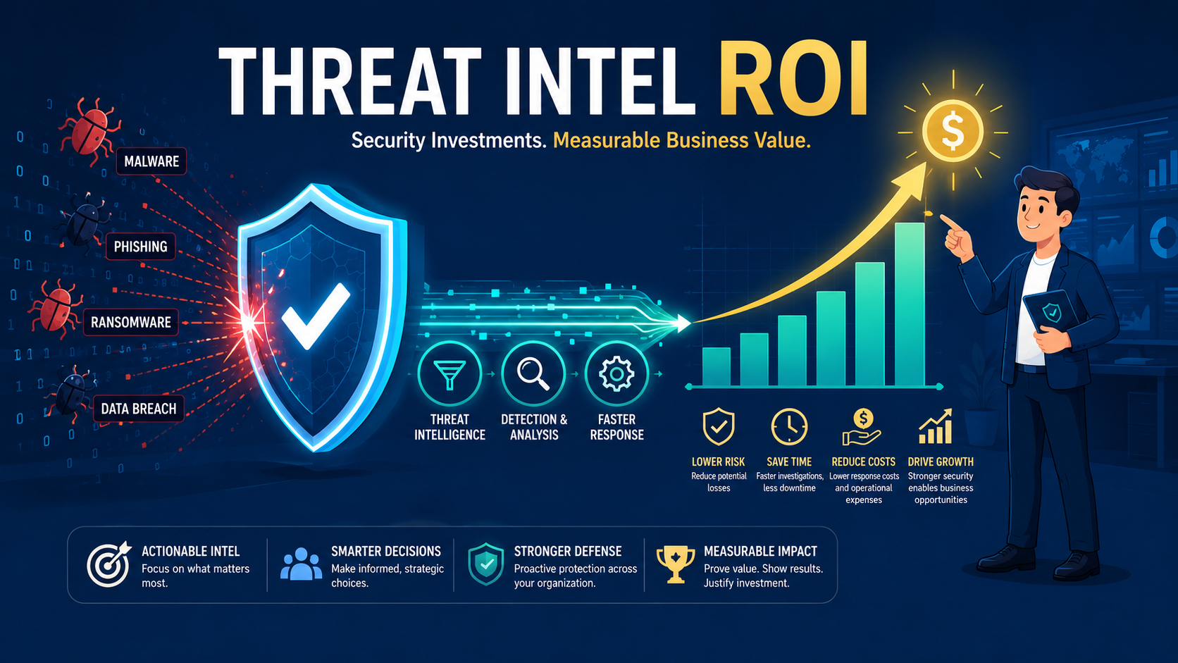 Analyst pointing at a rising bar chart showing success in measuring roi threat intelligence program. 
