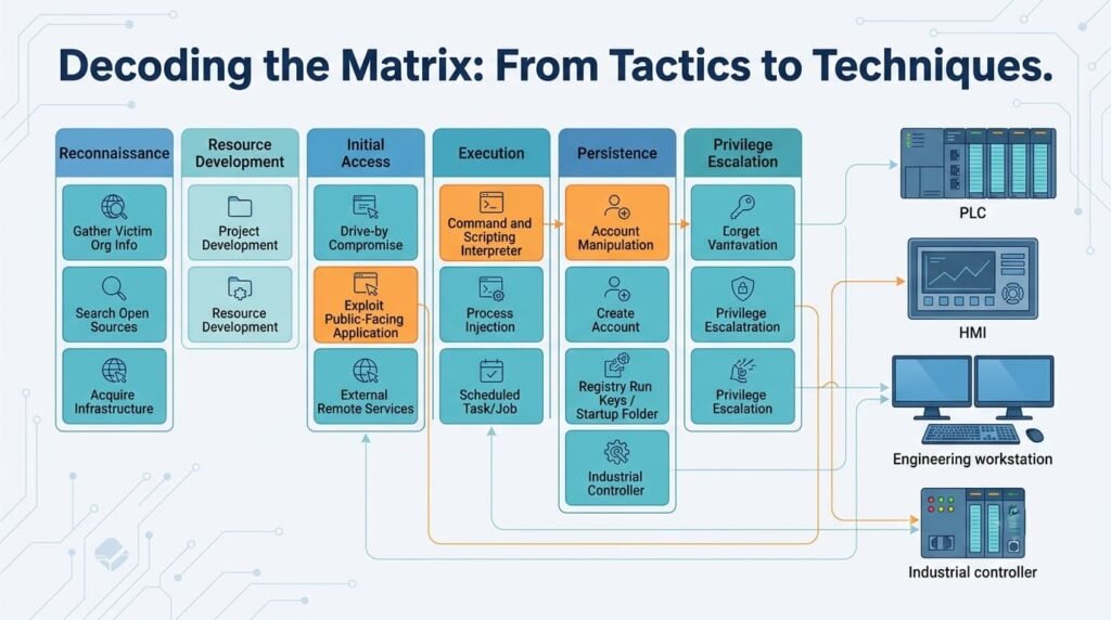 Matrix mapping attacker tactics to techniques across the mitre ics att&ck framework ot security lifecycle.