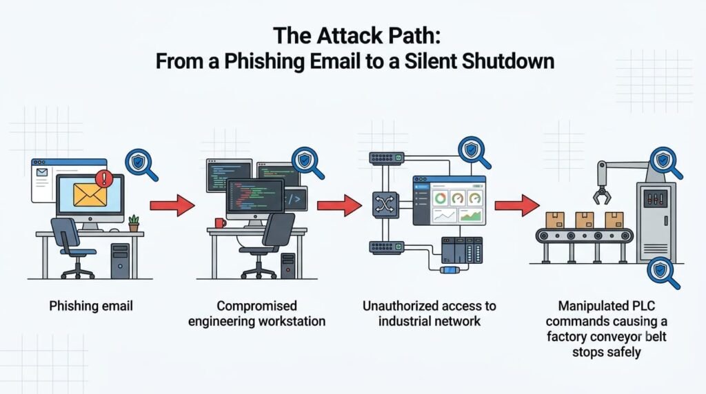 Illustration of a phishing attack path disrupting PLC operations under mitre ics att&ck framework ot security.