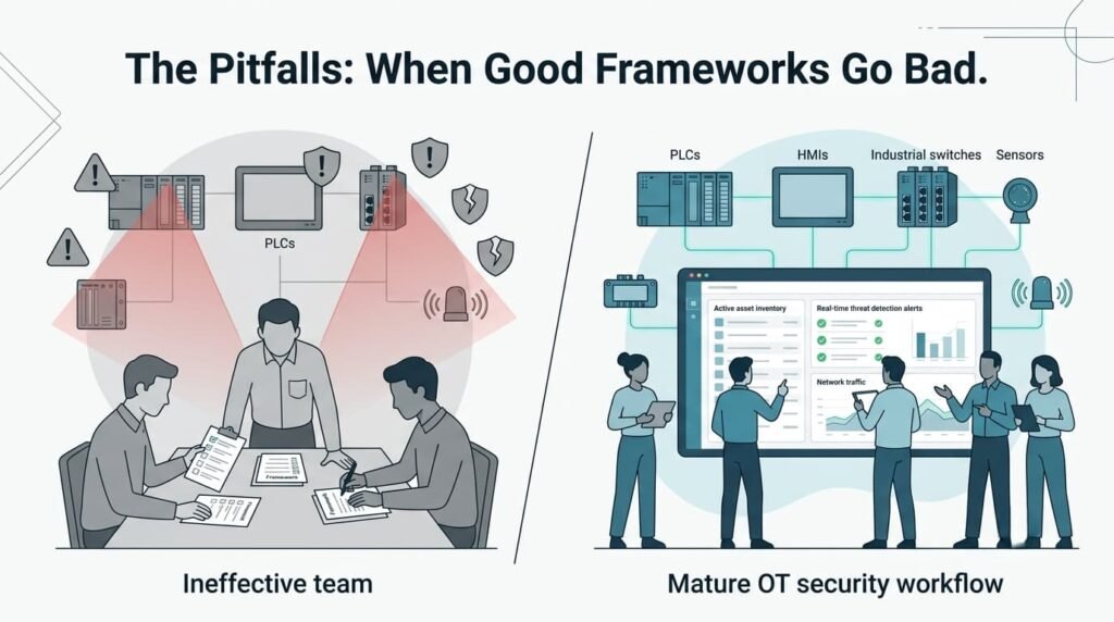 Diagram comparing ineffective teams and mature workflow within mitre ics att&ck framework ot security implementation.