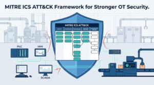 Shield diagram showing the mitre ics att&ck framework ot security protecting PLC, HMI, and SCADA systems.