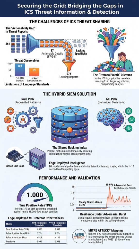 Infographic illustrating mitre ics att&ck framework ot security through threat sharing gaps and hybrid SIEM detection.