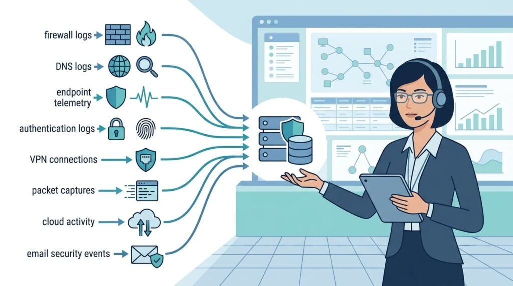Security analyst reconstructing events network data analysis from firewall, DNS, and VPN logs.