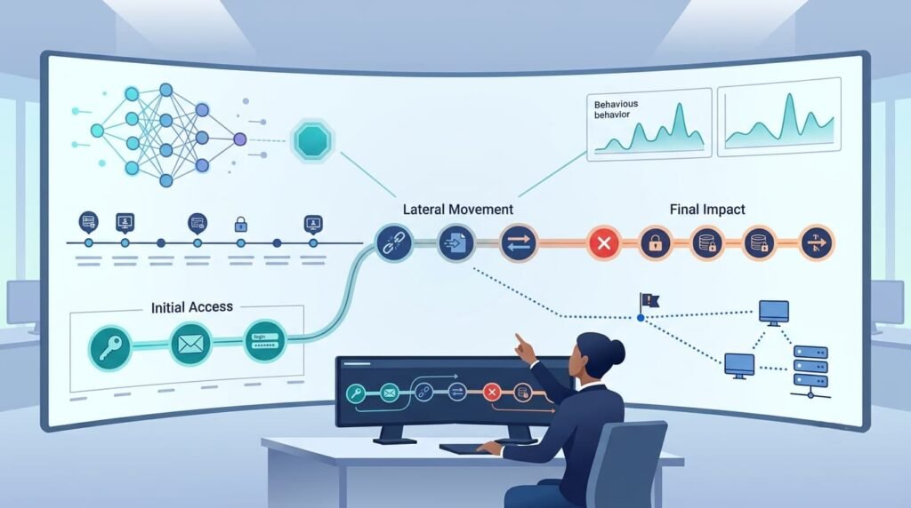 Timeline for reconstructing events network data analysis across initial access to final impact.