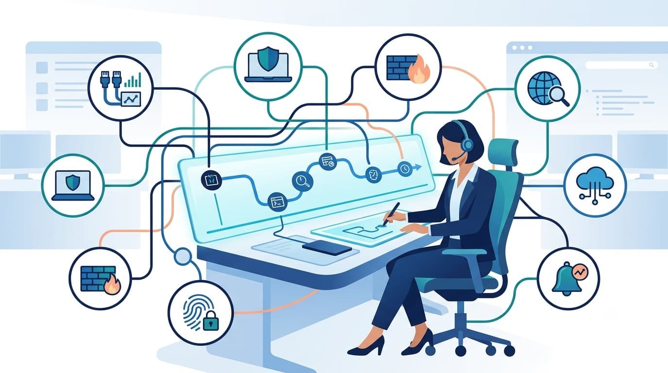 Analyst reconstructing events network data analysis across firewalls, endpoints, and cloud logs.