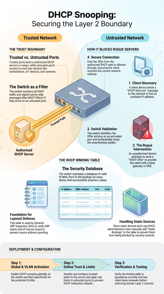 DHCP snooping configuration benefits security showing DHCP binding table and trusted network path
