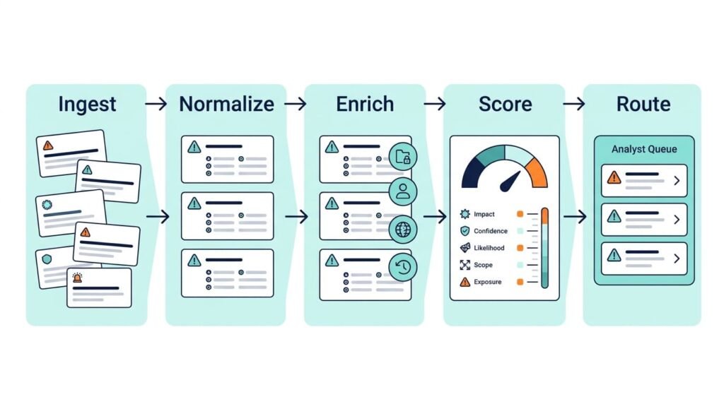 Five-stage flow chart for automating alert triage prioritization workflow from alert ingestion to analyst routing.