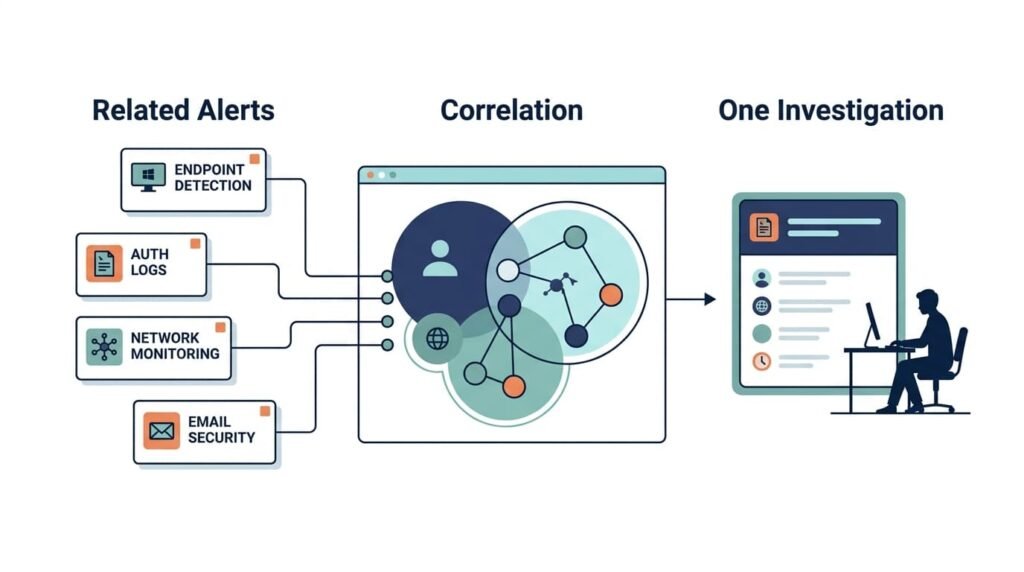 Diagram linking related security alerts into one case, showing automating alert triage prioritization workflow.