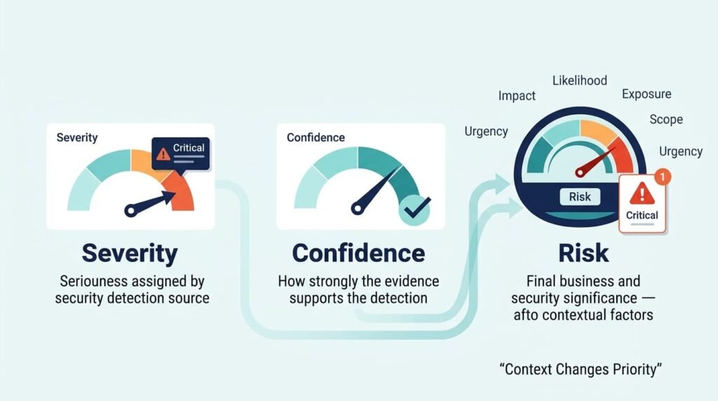 Gauge diagram of severity and confidence feeding risk scoring in automating alert triage prioritization workflow.