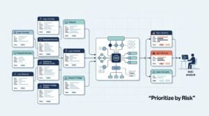 Diagram of AI-driven security alerts feeding a SOC analyst, illustrating automating alert triage prioritization workflow.