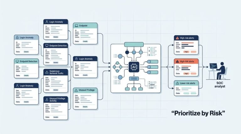 Diagram of AI-driven security alerts feeding a SOC analyst, illustrating automating alert triage prioritization workflow.
