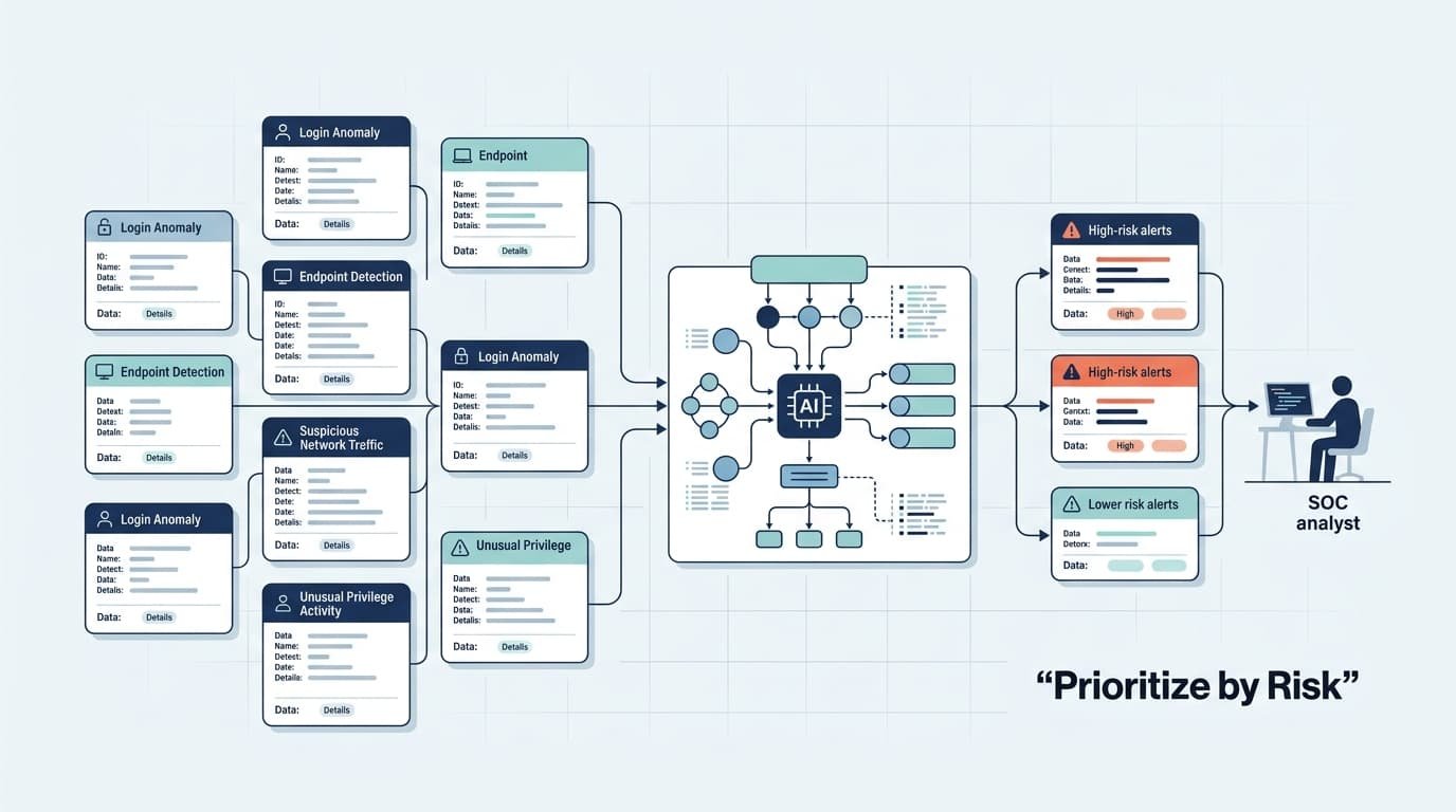 Diagram of AI-driven security alerts feeding a SOC analyst, illustrating automating alert triage prioritization workflow.