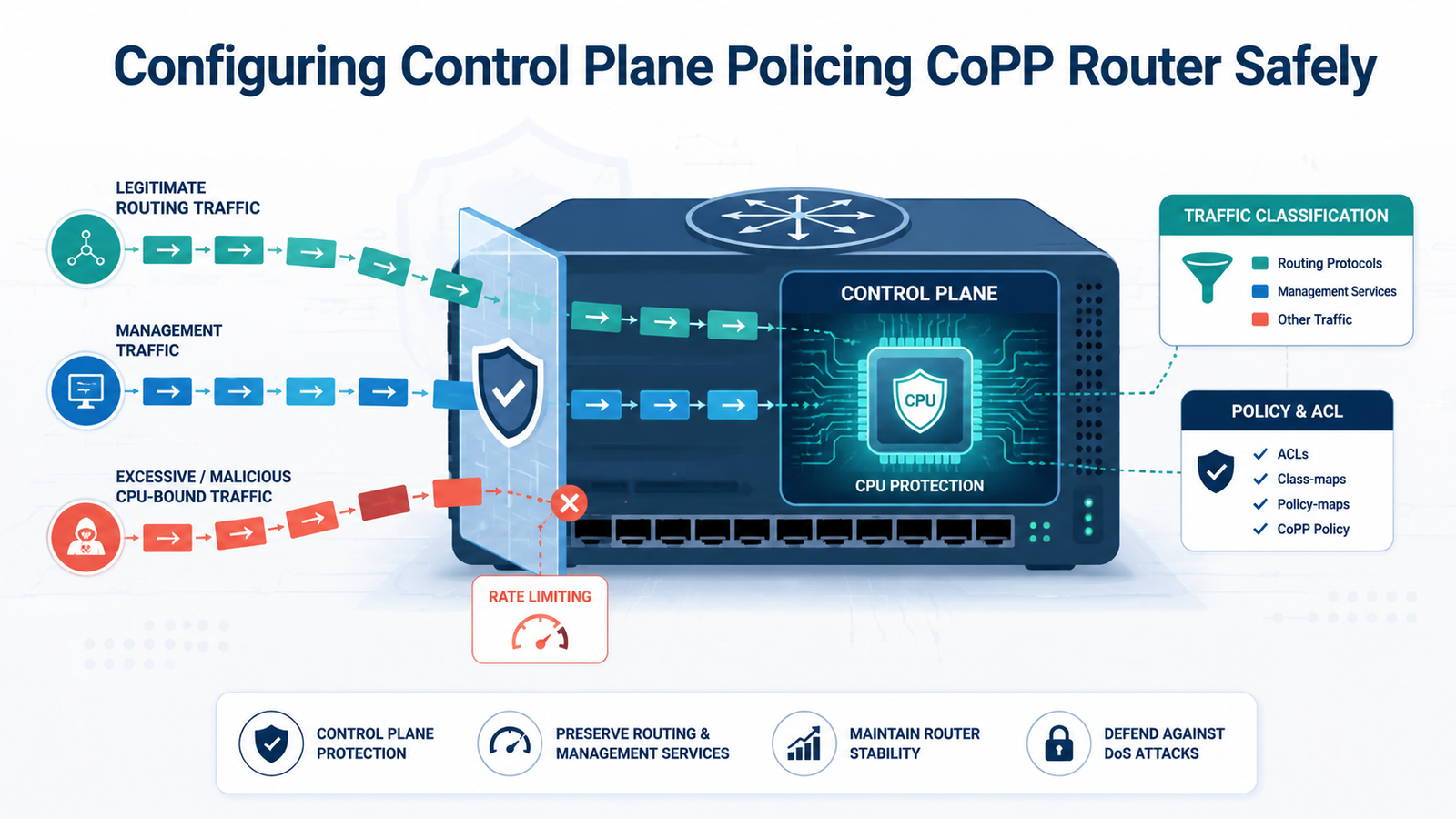 Configuring control plane policing CoPP router illustration showing CPU protection and rate-limited traffic. 