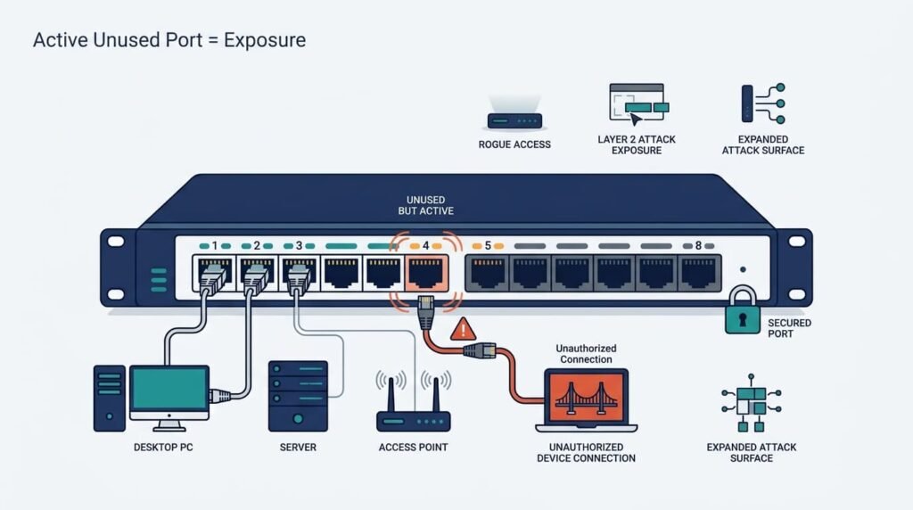 Diagram illustrating risks solved by disabling unused switch ports interfaces, like rogue access and attacks.
