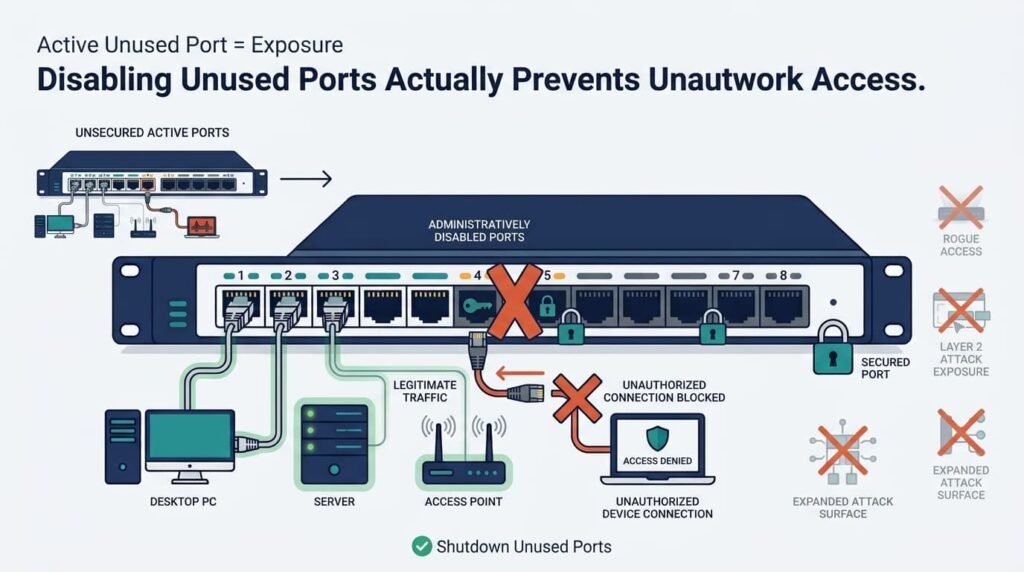 Visual guide on disabling unused switch ports interfaces to prevent unauthorized network access.