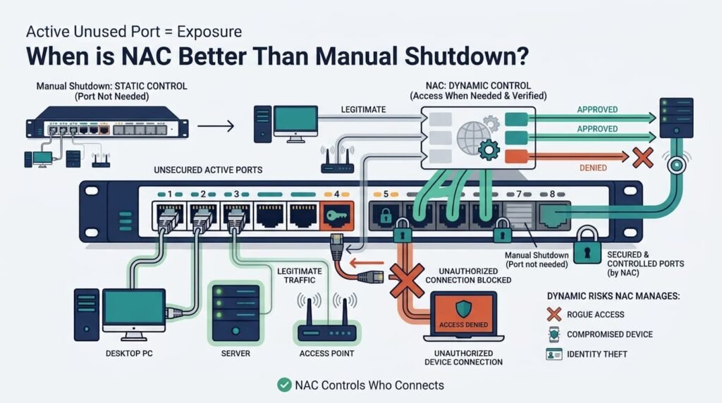 Comparison of NAC and disabling unused switch ports interfaces for dynamic vs static network control.