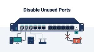Network switch diagram showing disabling unused switch ports interfaces to block unauthorized devices.